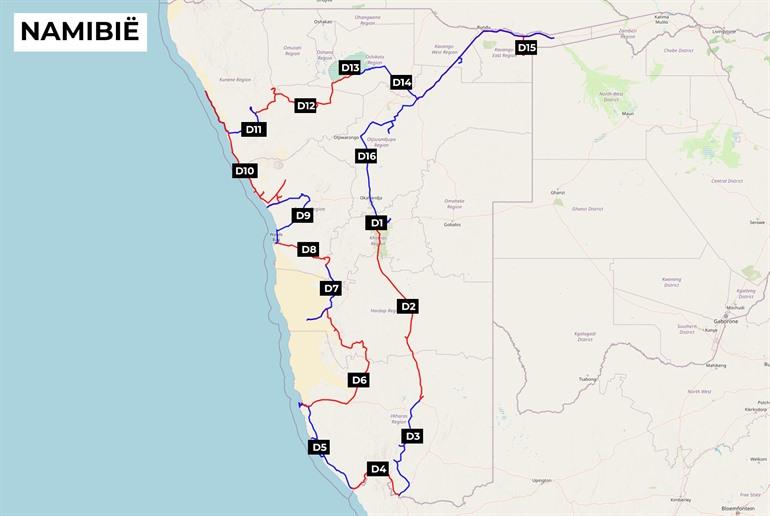 16-tägige Reiseroute durch Namibia auf der Karte