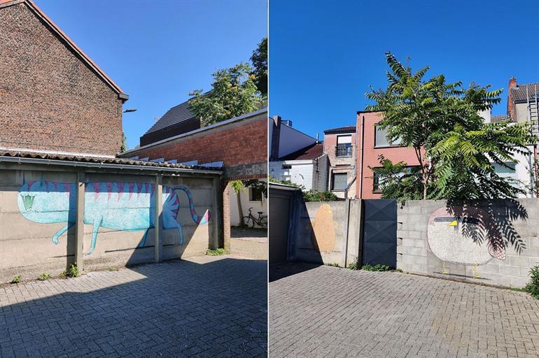 Blue Cat und Vögel von Bisser, Mussenstraatje in Leuven