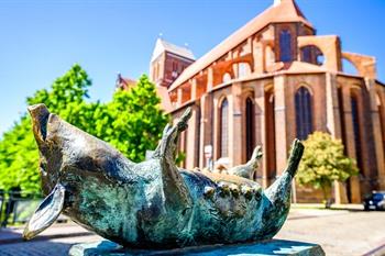 Bronzeschweinchen in den Straßen von Wismar, Deutschland