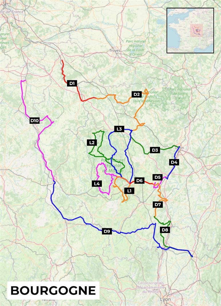 Karte mit 10-tägiger Rundreise durch Burgund