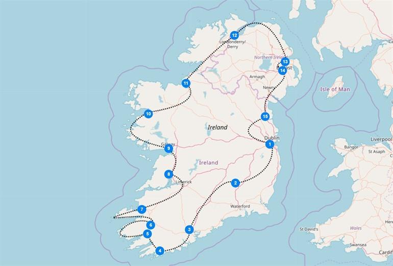 Karte mit Route für die Irland-Rundreise