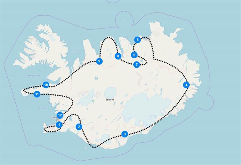 Karte mit Route für die Island-Rundreise