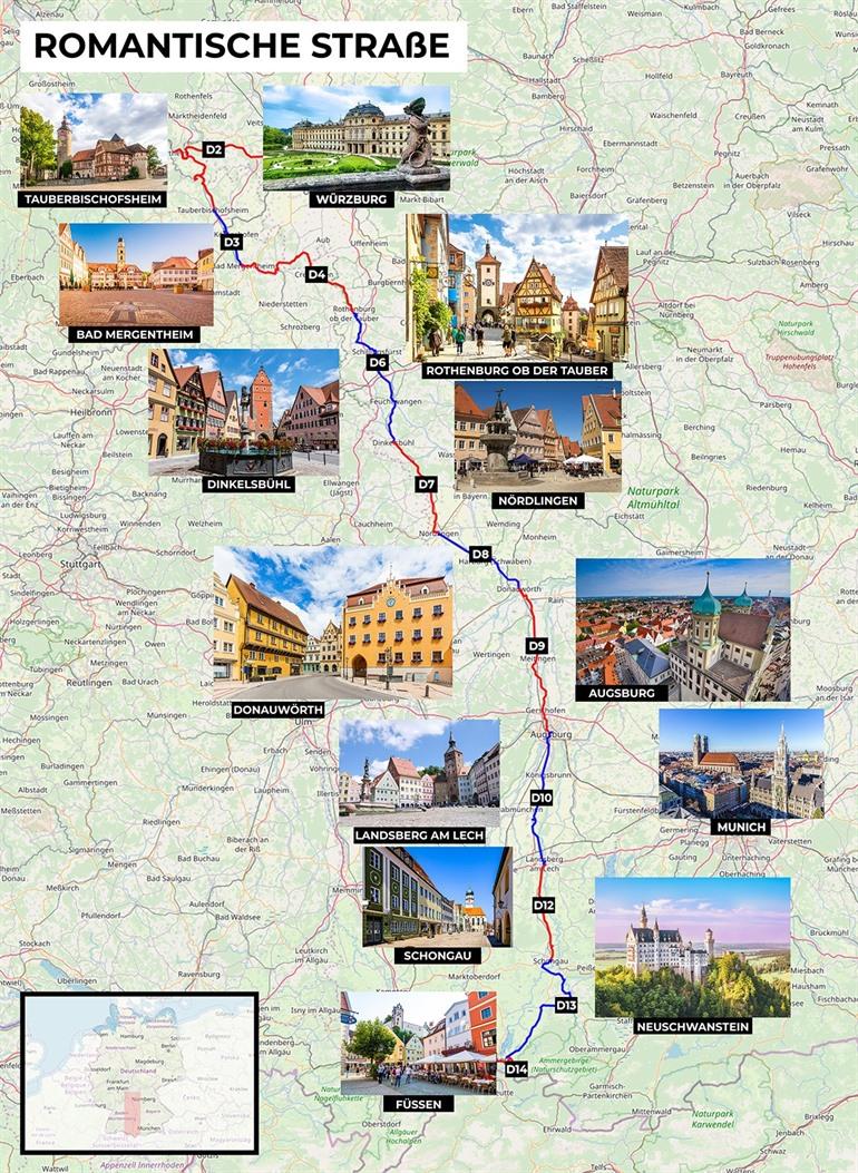 Karte mit der Route der Romantischen Straße