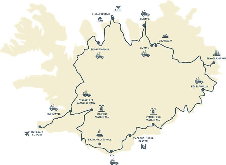 Karte der 7-tägigen Rundreise durch Island mit 4x4 und Dachzelt
