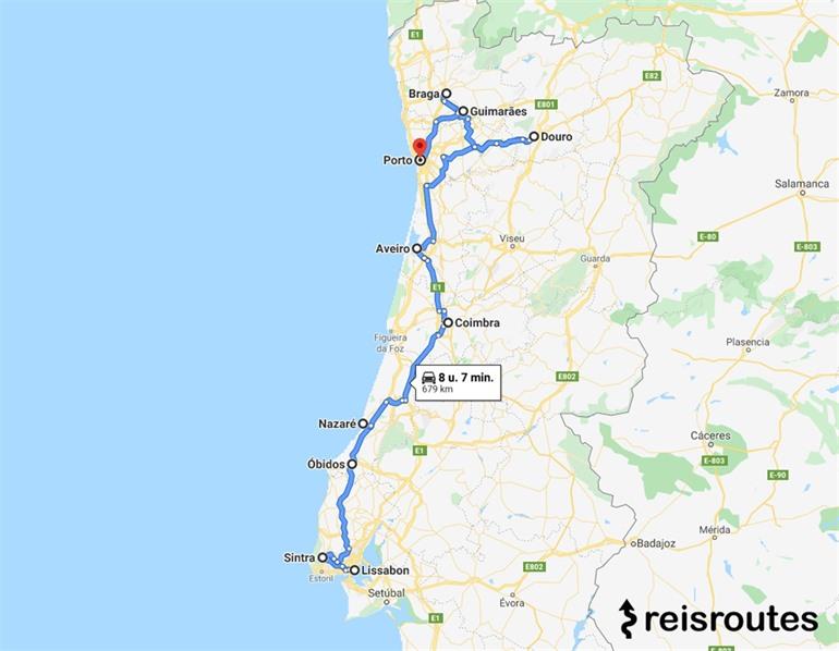 Karte mit Route von Lissabon nach Porto