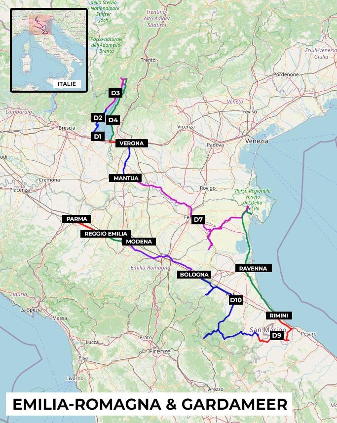 Karte mit Route für den Roadtrip am Gardasee und in der Emilia-Romagna