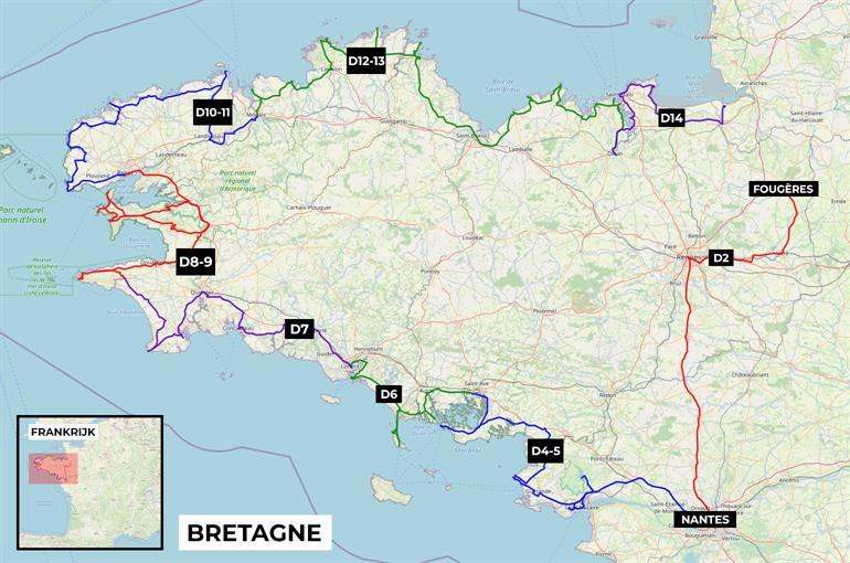 Karte mit der Route der Roadtrip durch Bretagne