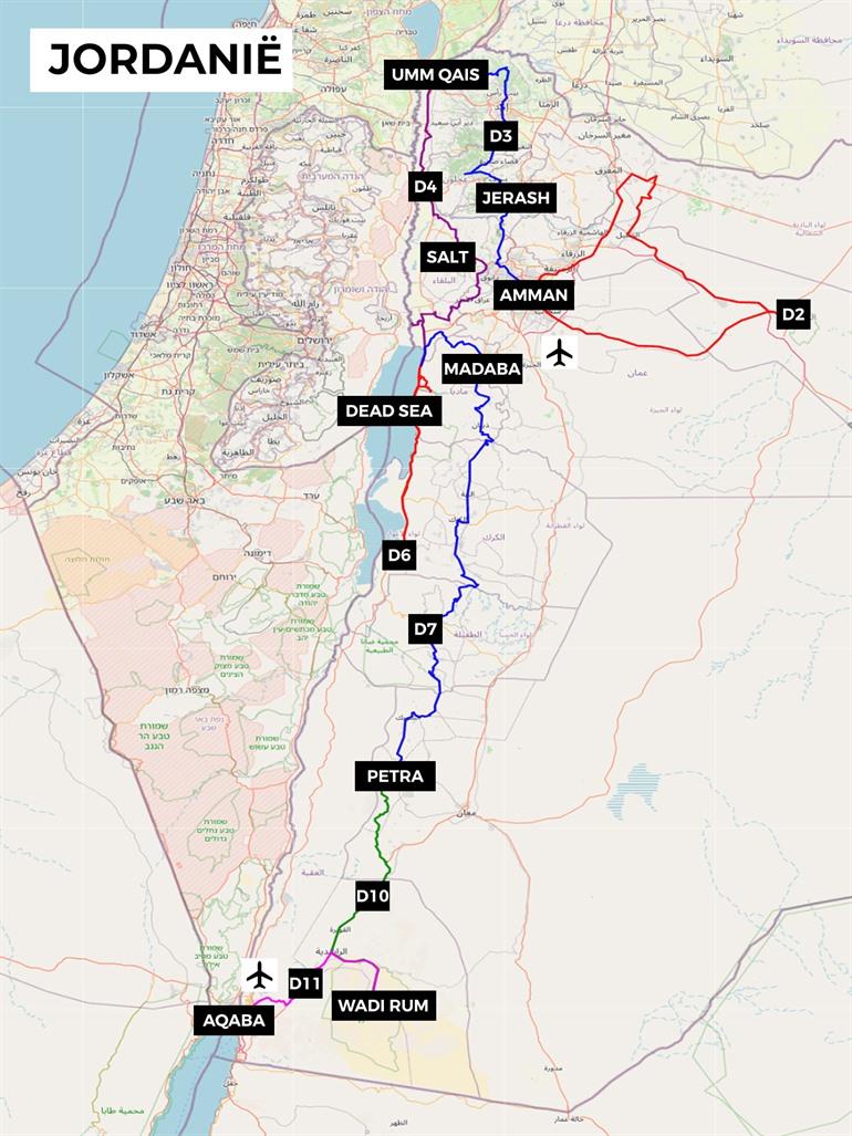 Karte mit Route der Roadtrip durch Jordanien