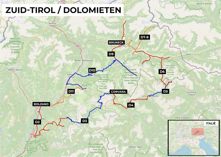 Karte für die Roadtrip durch die Dolomiten und Rundreise Südtirol