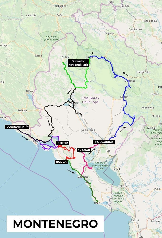 Karte für die Rundreise durch Montenegro
