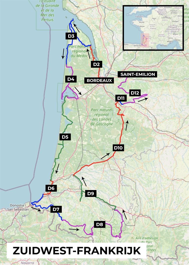 Karte der Route für die Rundreise durch Südwestfrankreich