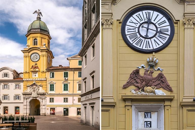 Auffälliger gelber Stadtturm in Rijeka, Kroatien