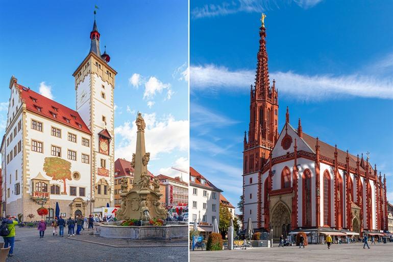 Rathaus von Würzburg (links) und die Marienkapelle, Bayern, Deutschland
