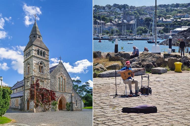 Straßenmusiker und St. Mary Anglican Church in Howth, Irland