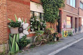 Street-Art-Wand mit auffälligen Blumen, Kessel-Lo