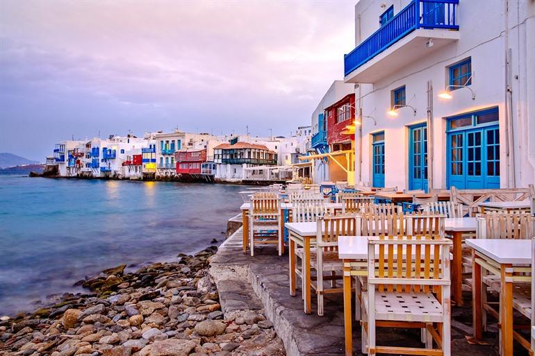 Sonnenuntergang in Little Venice, Mykonos